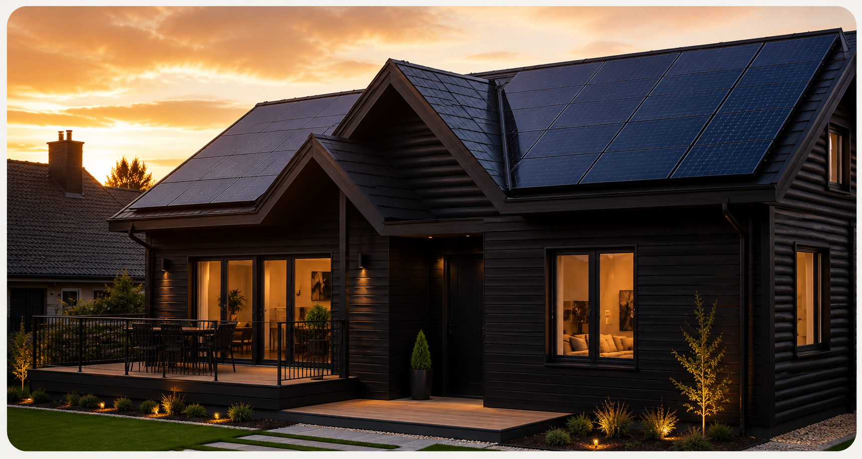 Modernes Einfamilienhaus mit Photovoltaikanlage bei Abendstimmung